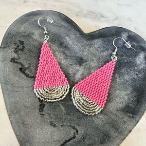 Pink and Silver Seed Bead Earrings Handwoven Beaded Earrings Gift for Her